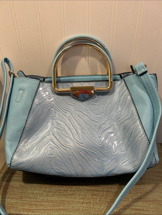 Handbags - Aqua Textured Leather Satchel with Gold Accent